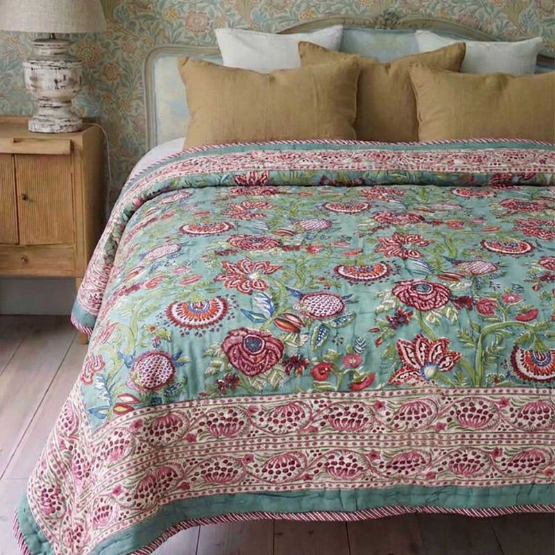 Powell Craft Queen Quilt Turquoise, Burgundy & White Floral 265x220cm image number 3